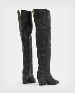 Best Pirce 🛒 Reina Over Knee Leather 🥾 Boots Black 👏 -Tailoring Sales WF597X 5 6