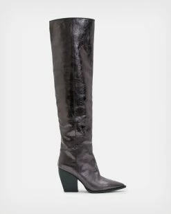 Wholesale ⌛ Reina Over Knee Leather Crinkle 🥾 Boots Gunmetal Grey ❤️