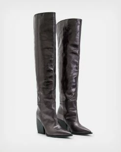 Wholesale ⌛ Reina Over Knee Leather Crinkle 🥾 Boots Gunmetal Grey ❤️ -Tailoring Sales WF598X 4090 4