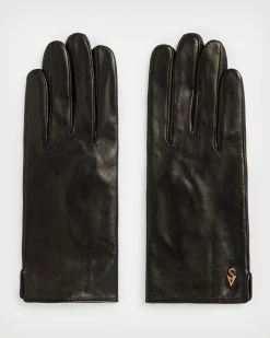 Budget 💯 AllSaints Rivet Leather Gloves BLACK/WARM BRASS 🌟 -Tailoring Sales WQ546X 6405 4