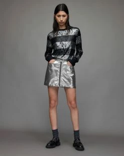 Top 10 🤩 Cleo Metallic Denim Mini 👗 Skirt Metallic Silver 👏