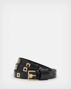 Tailoring Sales 34 Best deal 👍 Nieva Skinny Flip Tie Leather Belt BLACK/WARM BRASS 🎁